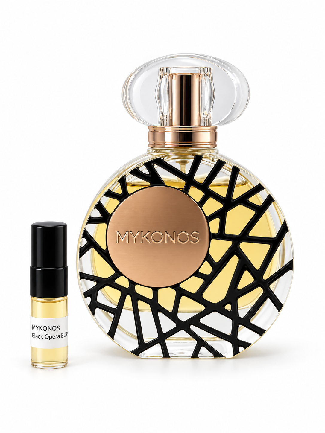 Mykonos Black Opera fragrance bottle and black-capped sample vial on white