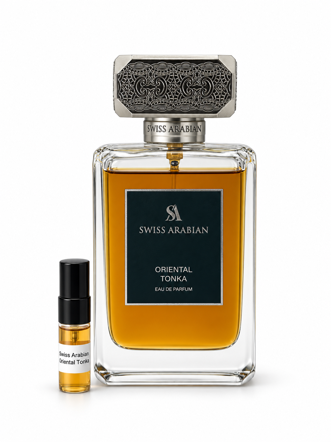 Swiss Arabian Oriental Tonka fragrance bottle and black-capped sample vial on white