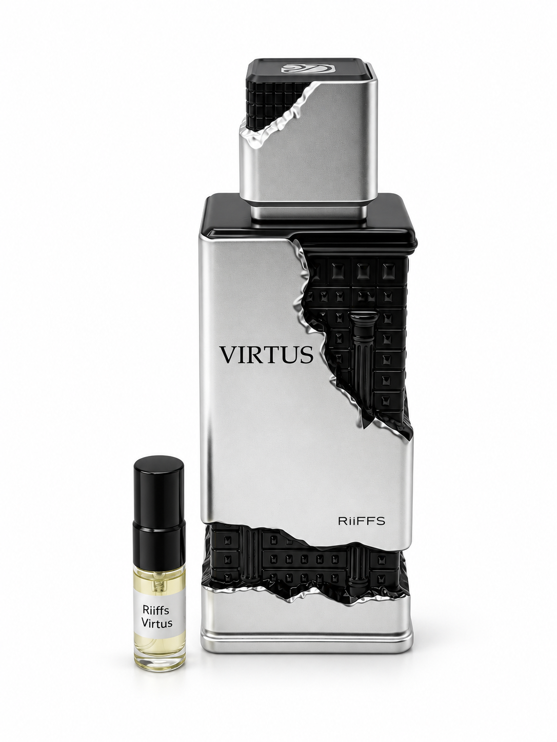Riiffs Virtus fragrance bottle and black-capped sample vial on white