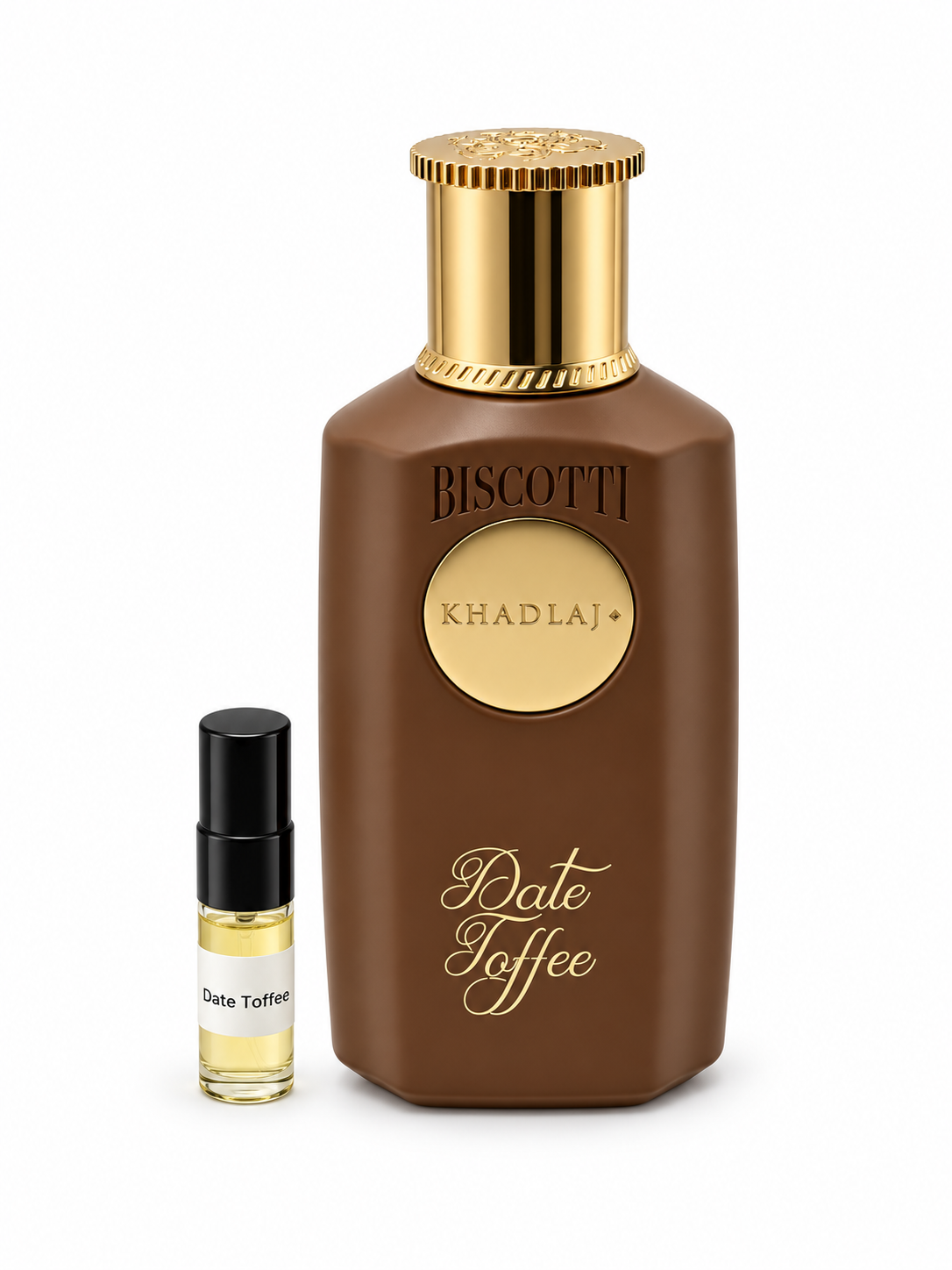 Khadlaj Biscotti Date Toffee fragrance bottle and black-capped sample vial on white