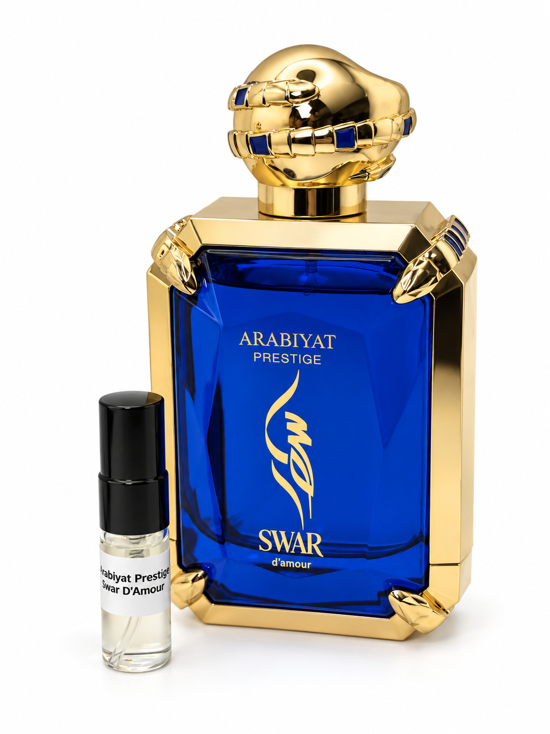 Arabiyat Prestige Swar D'amour fragrance bottle and black-capped sample vial on white