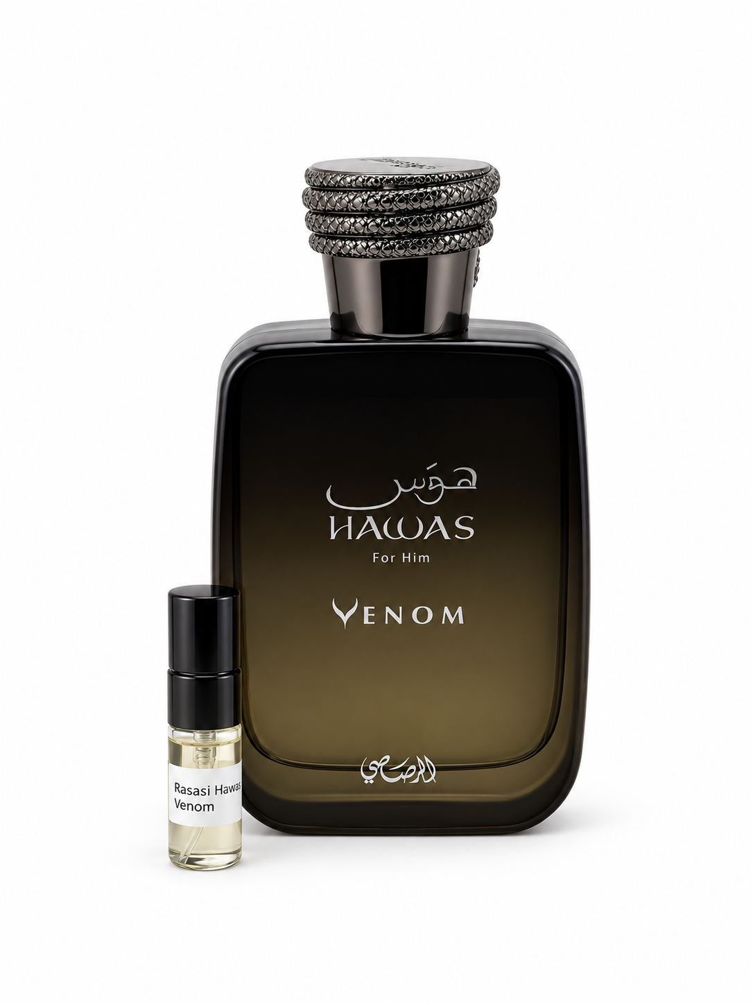 Rasasi Hawas Venom fragrance bottle and black-capped sample vial on white