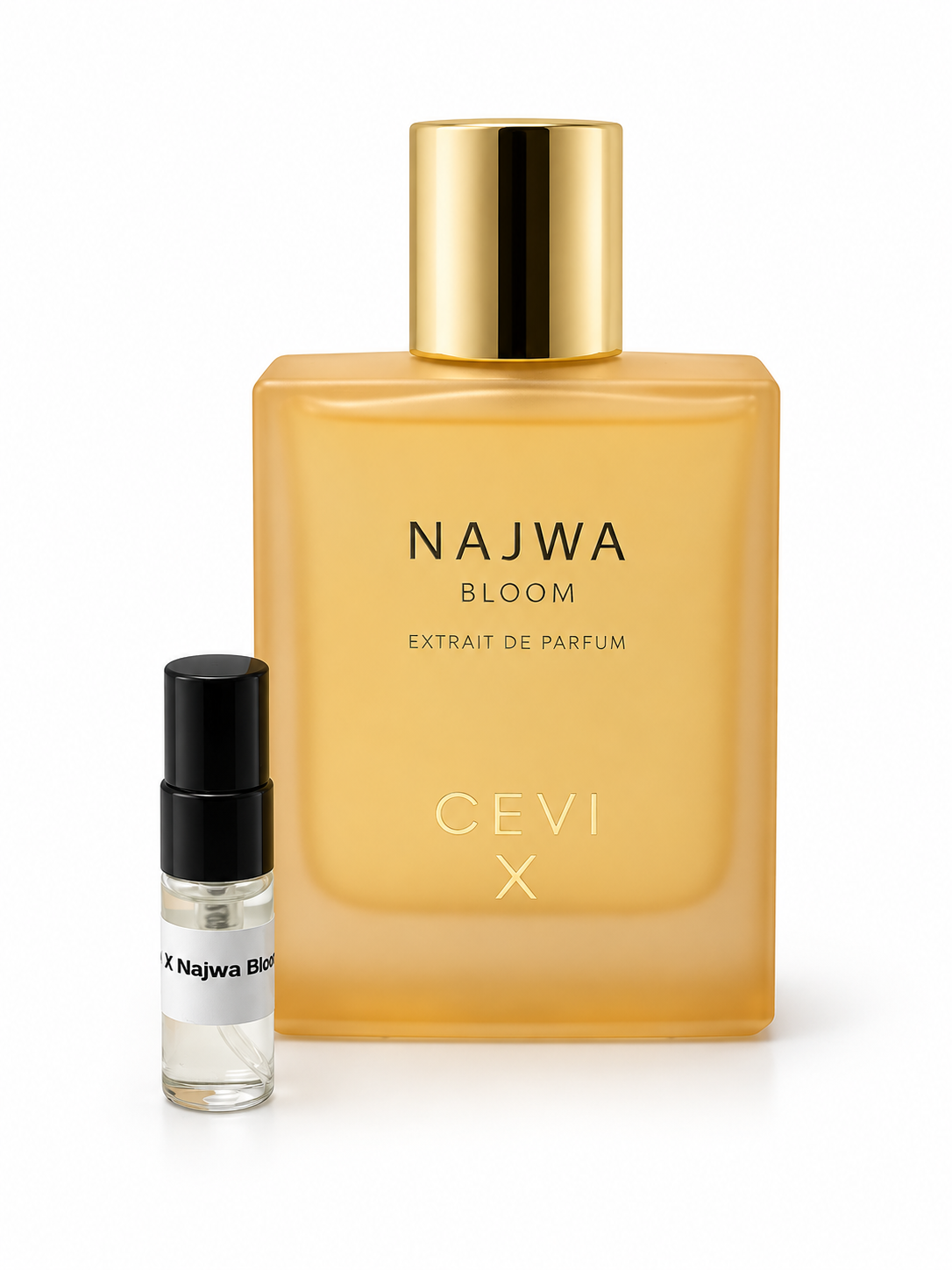 Cevi X Najwa Bloom fragrance bottle and black-capped sample vial on white