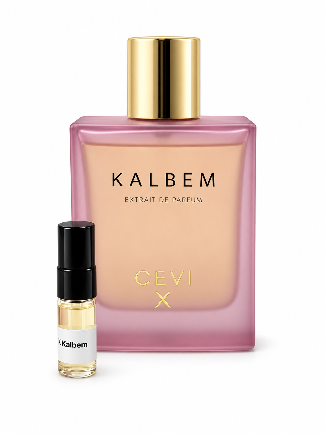 Cevi X Kalbem fragrance bottle and black-capped sample vial on white