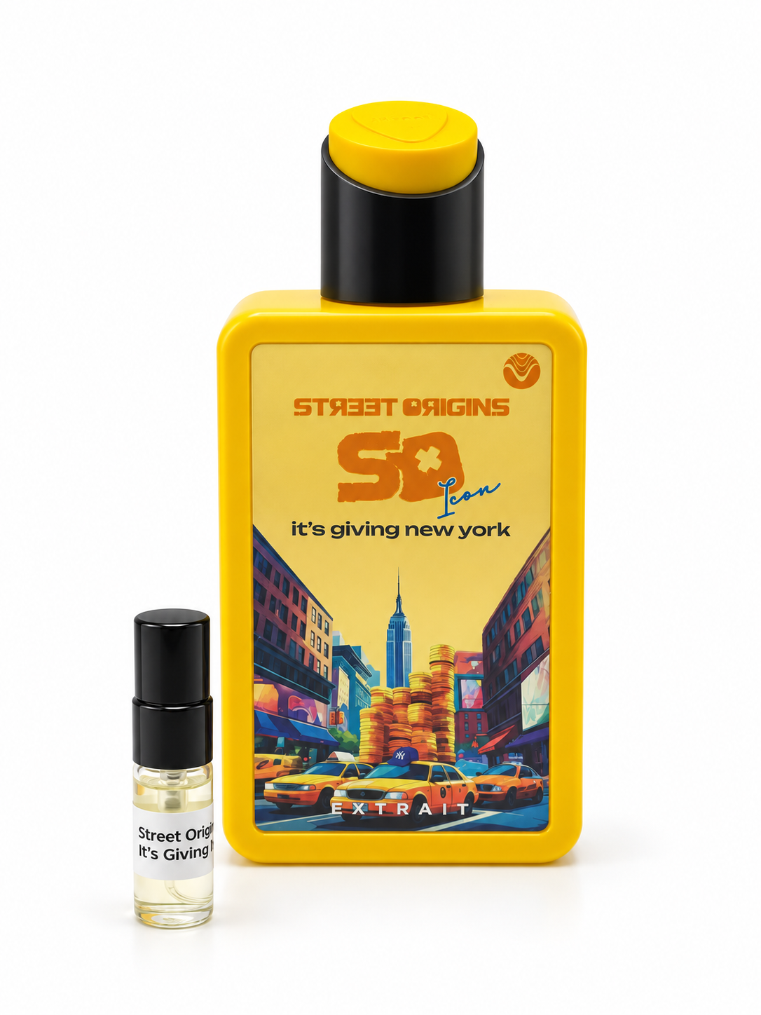 Street Origins Its Giving New York bottle and black-capped sample vial on a white background