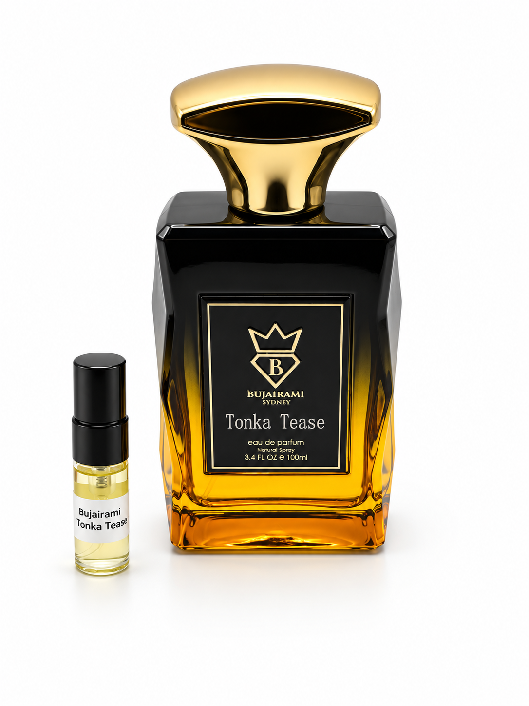 Bujairami Tonka Tease with black-capped sample vial — studio photograph