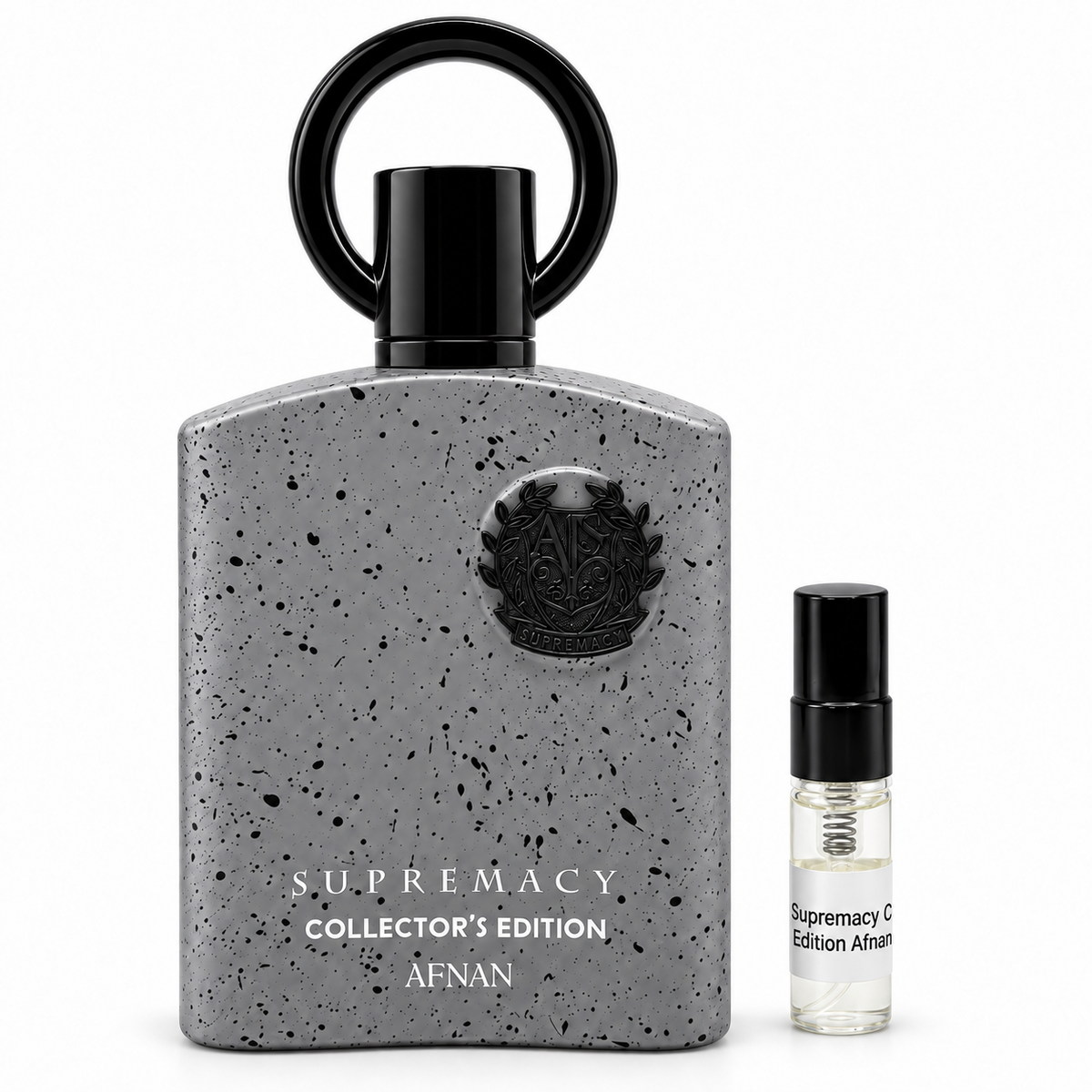 Afnan Supremacy Collectors Edition bottle with a black-capped sample vial on a white background