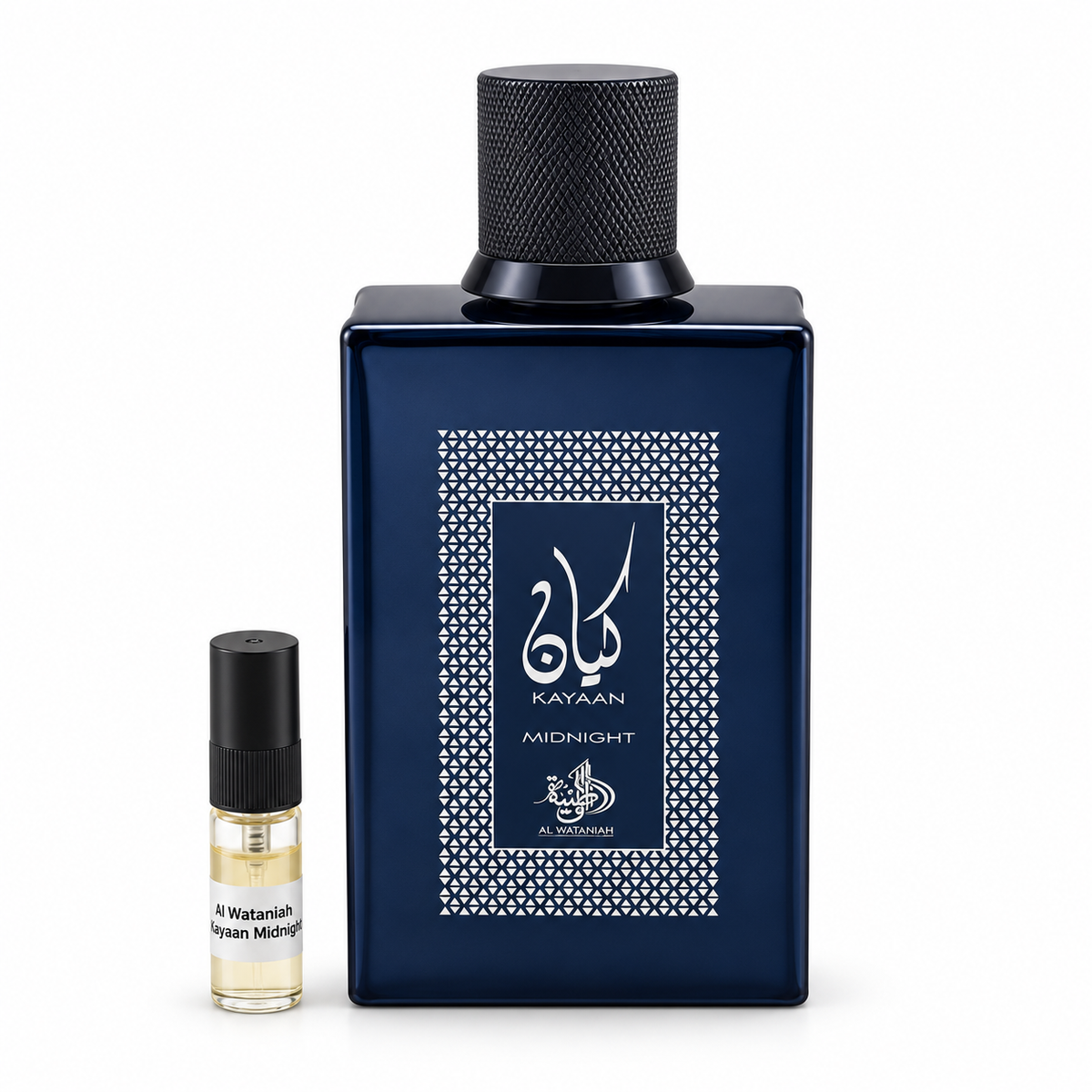 Al Wataniah Kayaan Midnight bottle and sample vial on a white background
