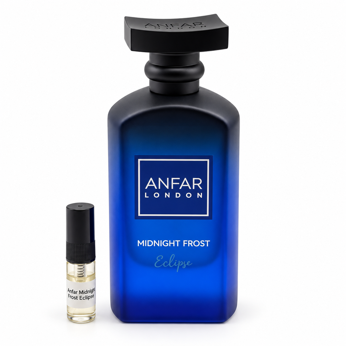 Anfar London Midnight Frost Eclipse bottle and sample vial on a white background