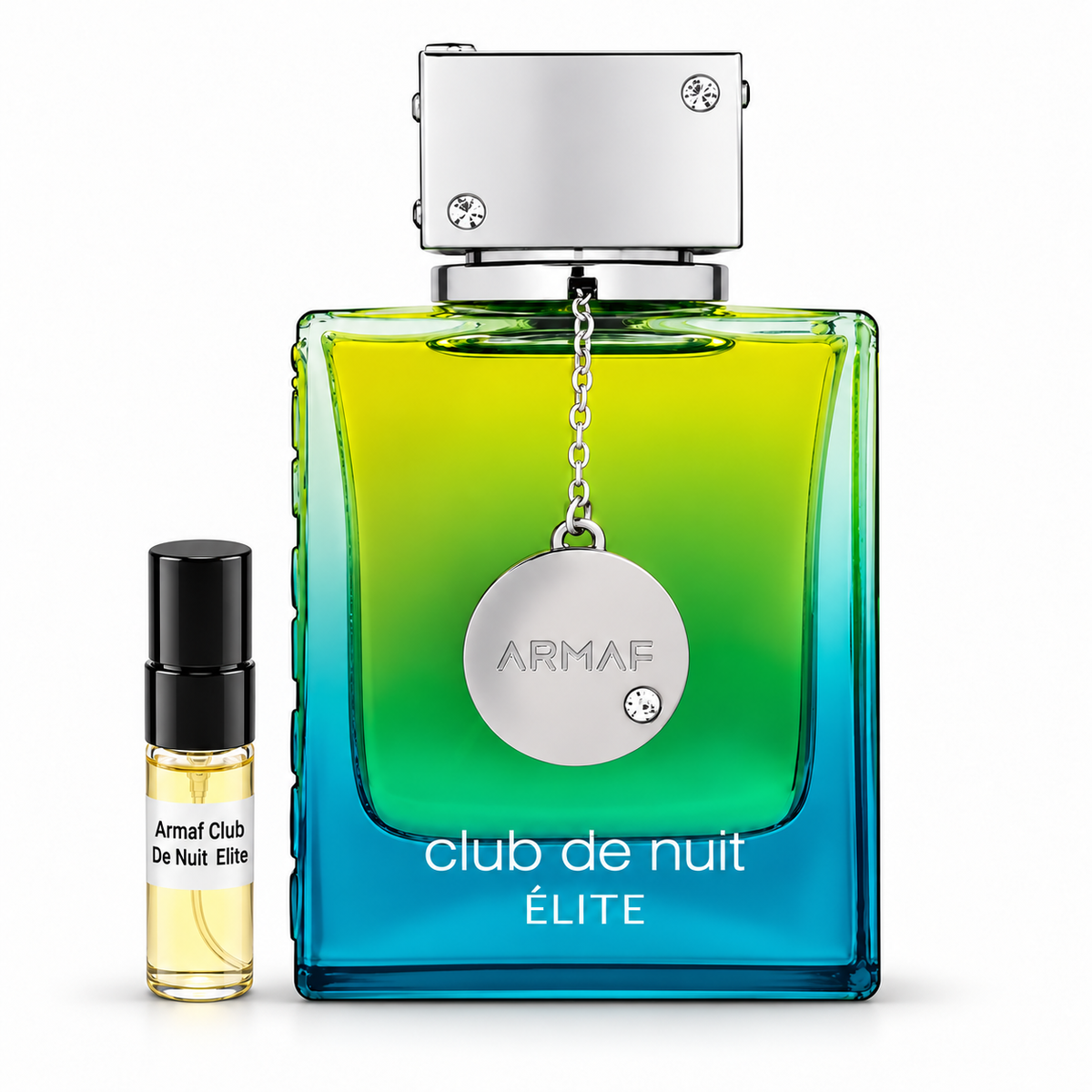 Armaf Club De Nuit Elite bottle and sample vial on white background