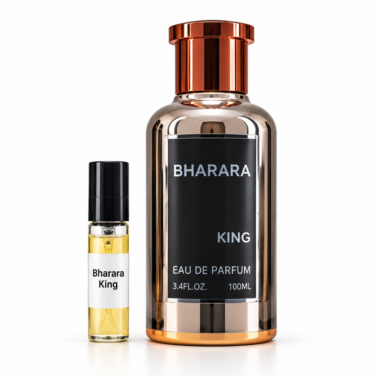 Bharara King with sample vial on white background