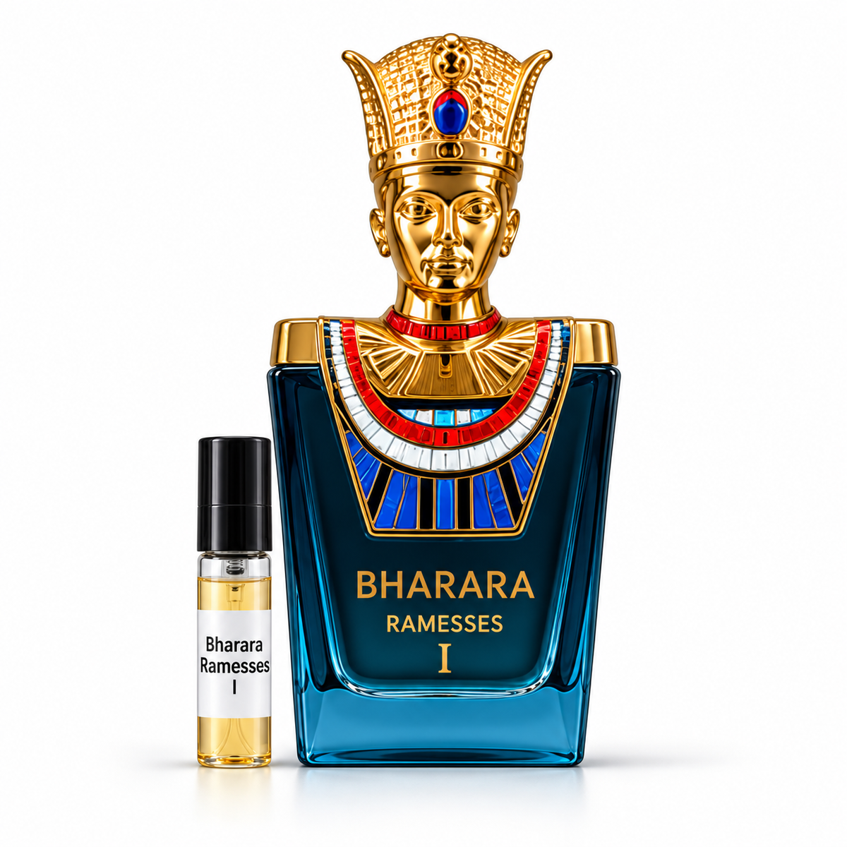 Bharara Pharaoh Ramesses I with sample vial on white background