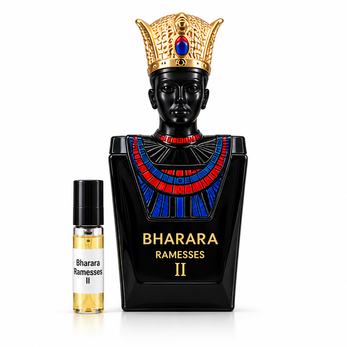 Bharara Pharaoh Ramesses II with sample vial on white background