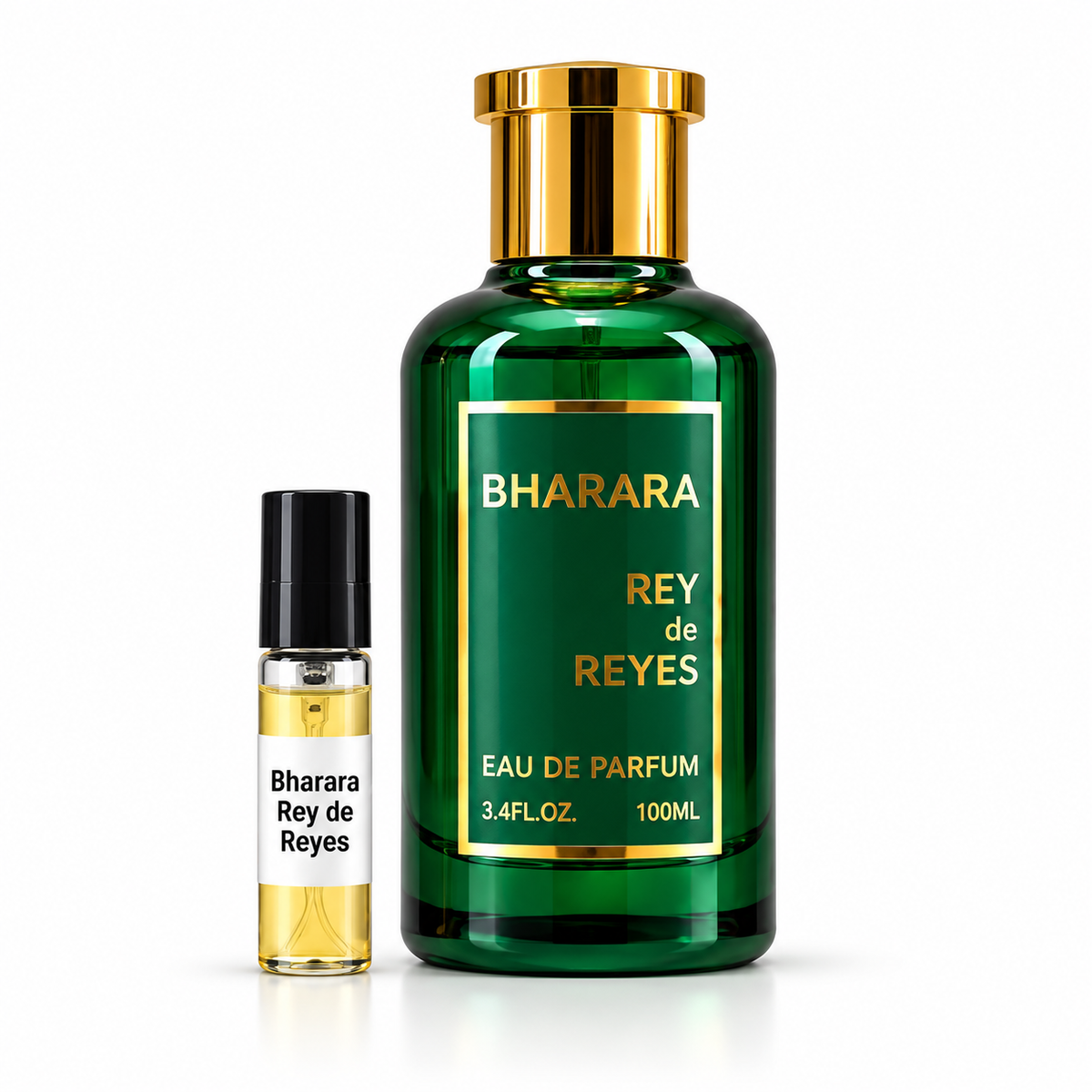 Bharara Rey de Reyes with sample vial on white background