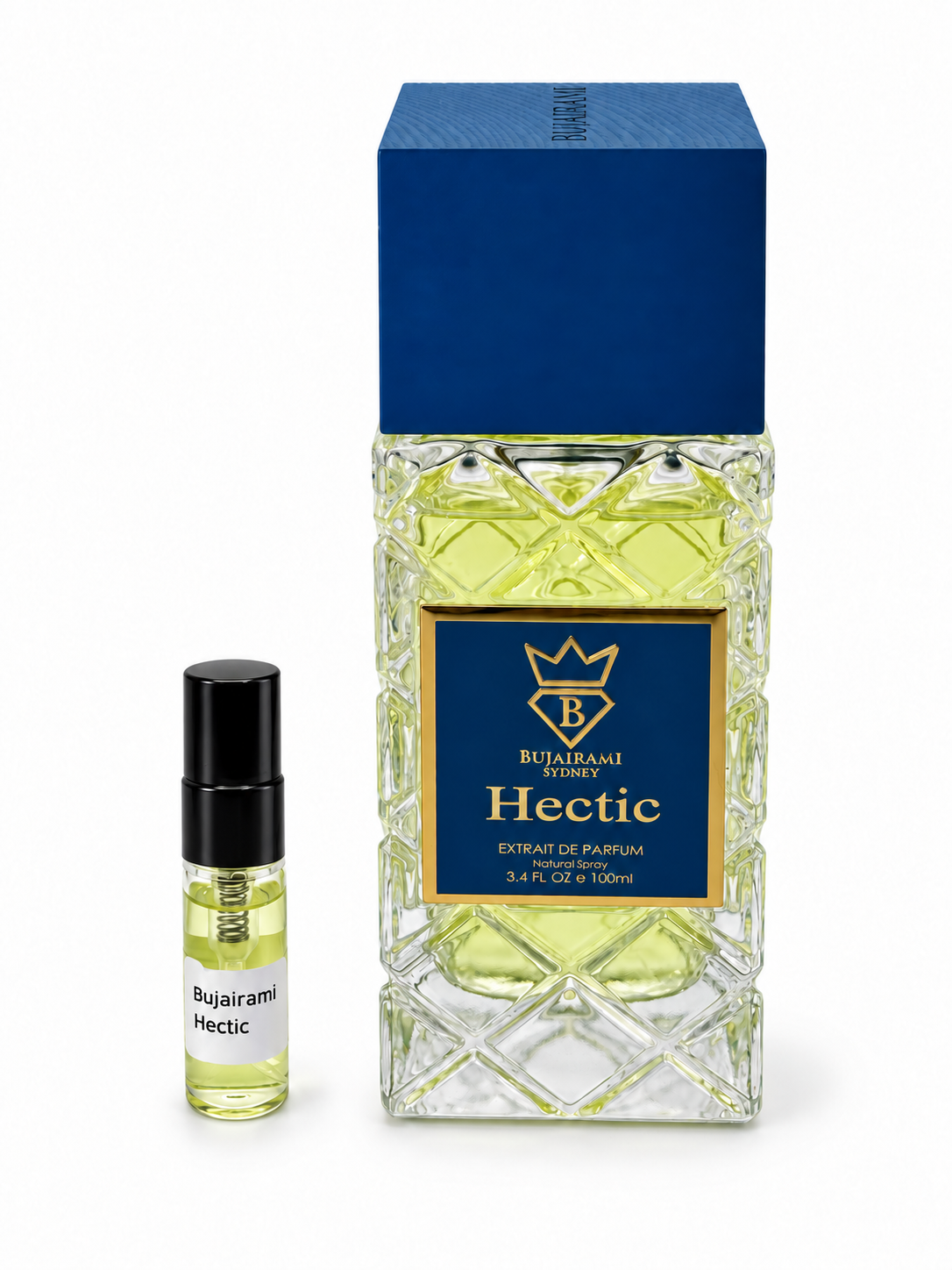 Bujairami Hectic bottle with a black-capped sample vial on a white background