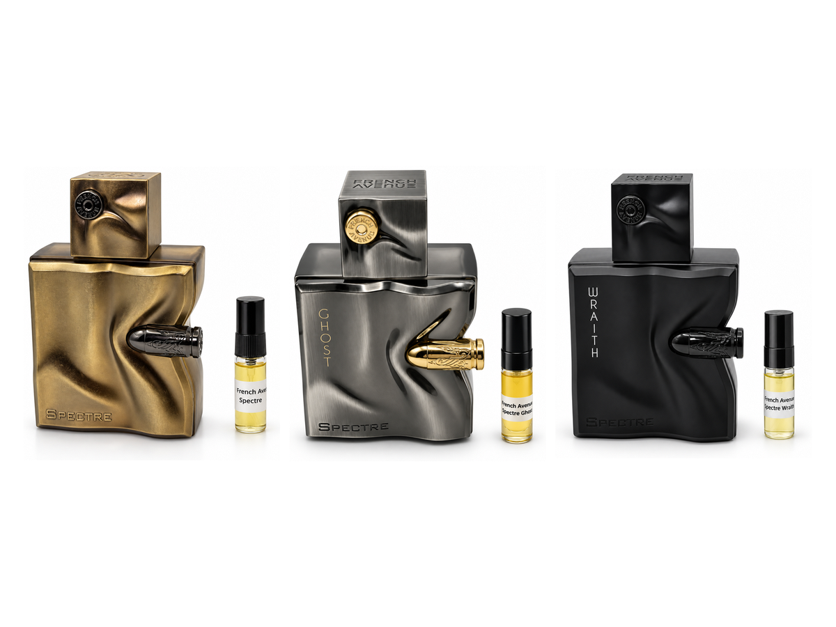French Avenue Spectre, Spectre Ghost and Spectre Wraith fragrance bottles with their matching 3ml sample vials on white.