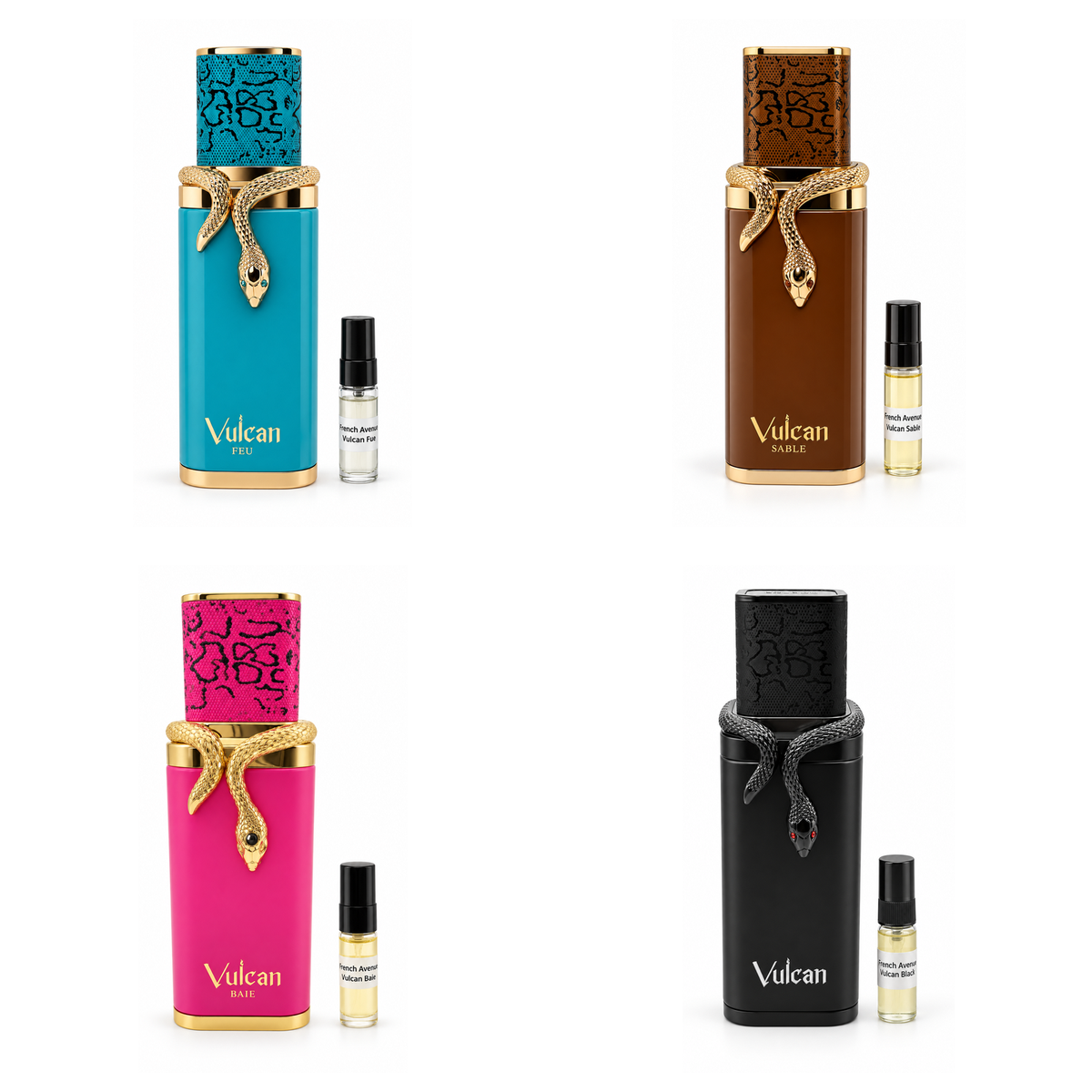 French Avenue Vulcan Feu, Sable, Baie and Black Friday bottles, each with its matching 3ml sample vial.