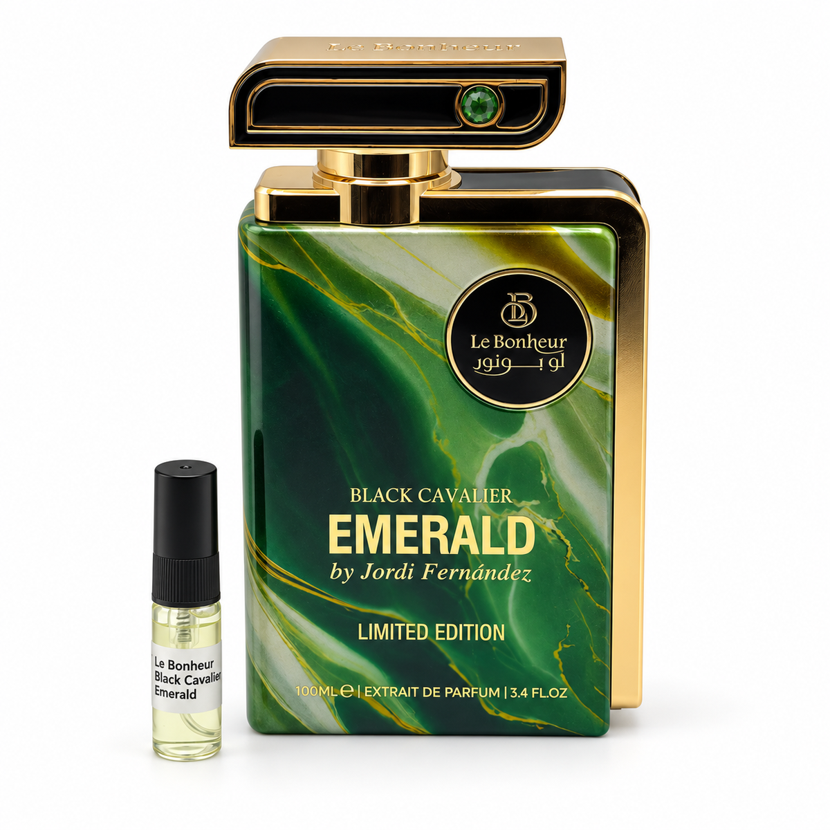 Le Bonheur Black Cavalier Emerald bottle and sample vial on a white background