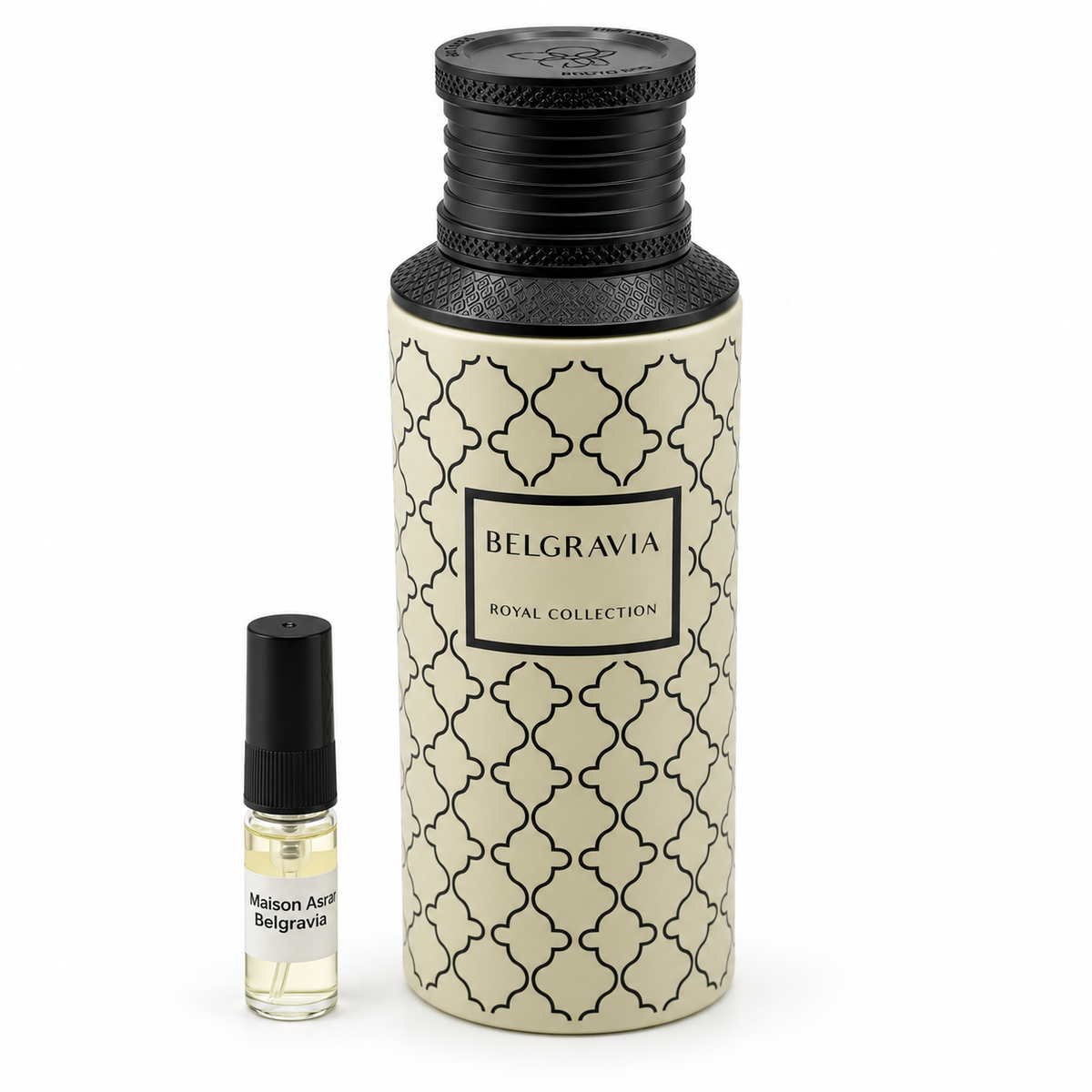 Maison Asrar Belgravia bottle and sample vial on a white background
