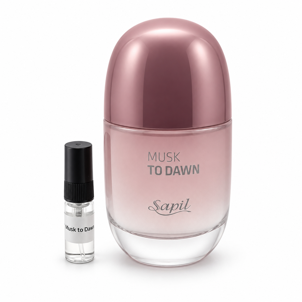Sapil Musk To Dawn bottle and sample vial on a white background