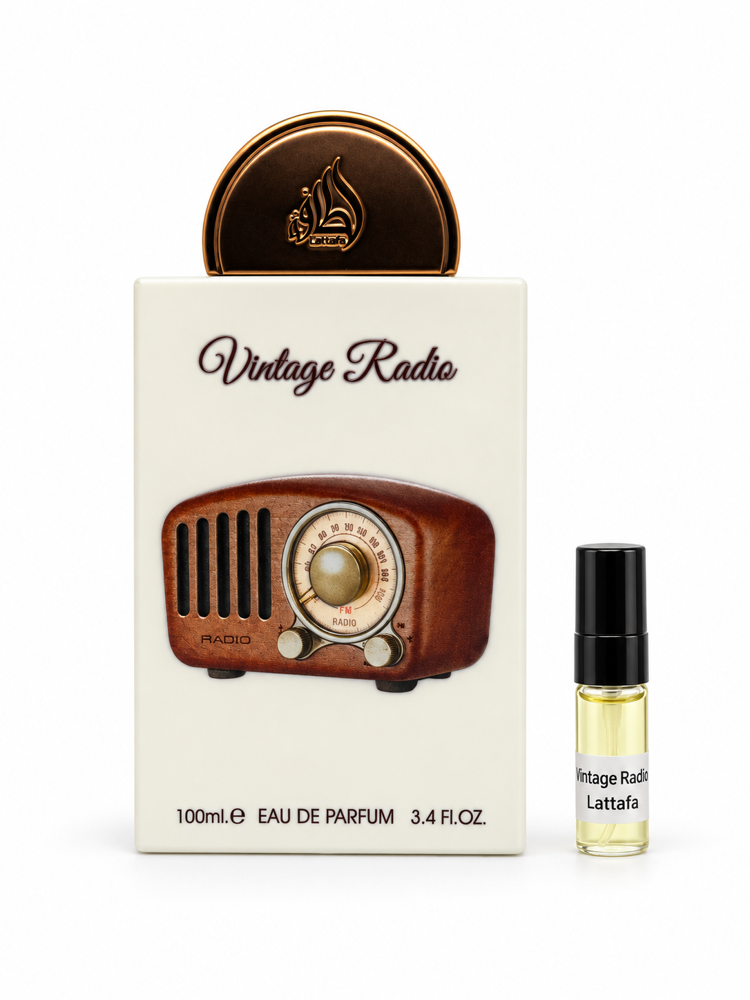 Lattafa Vintage Radio fragrance bottle and black-capped sample vial on white