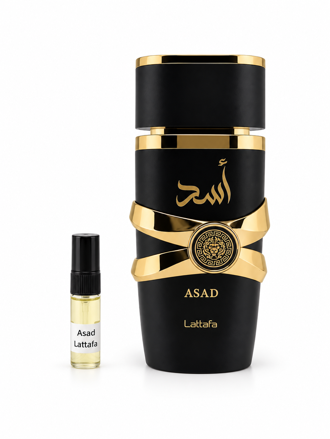 Lattafa Asad fragrance bottle and black-capped sample vial on white