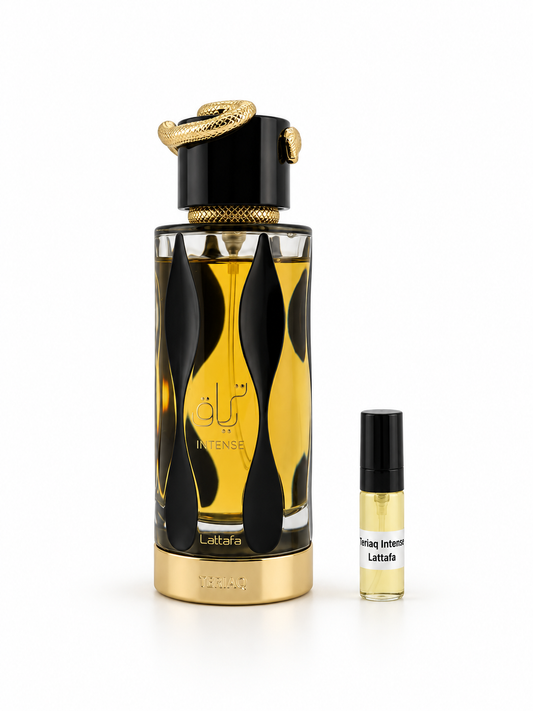 Lattafa Teriaq Intense fragrance bottle and black-capped sample vial on white
