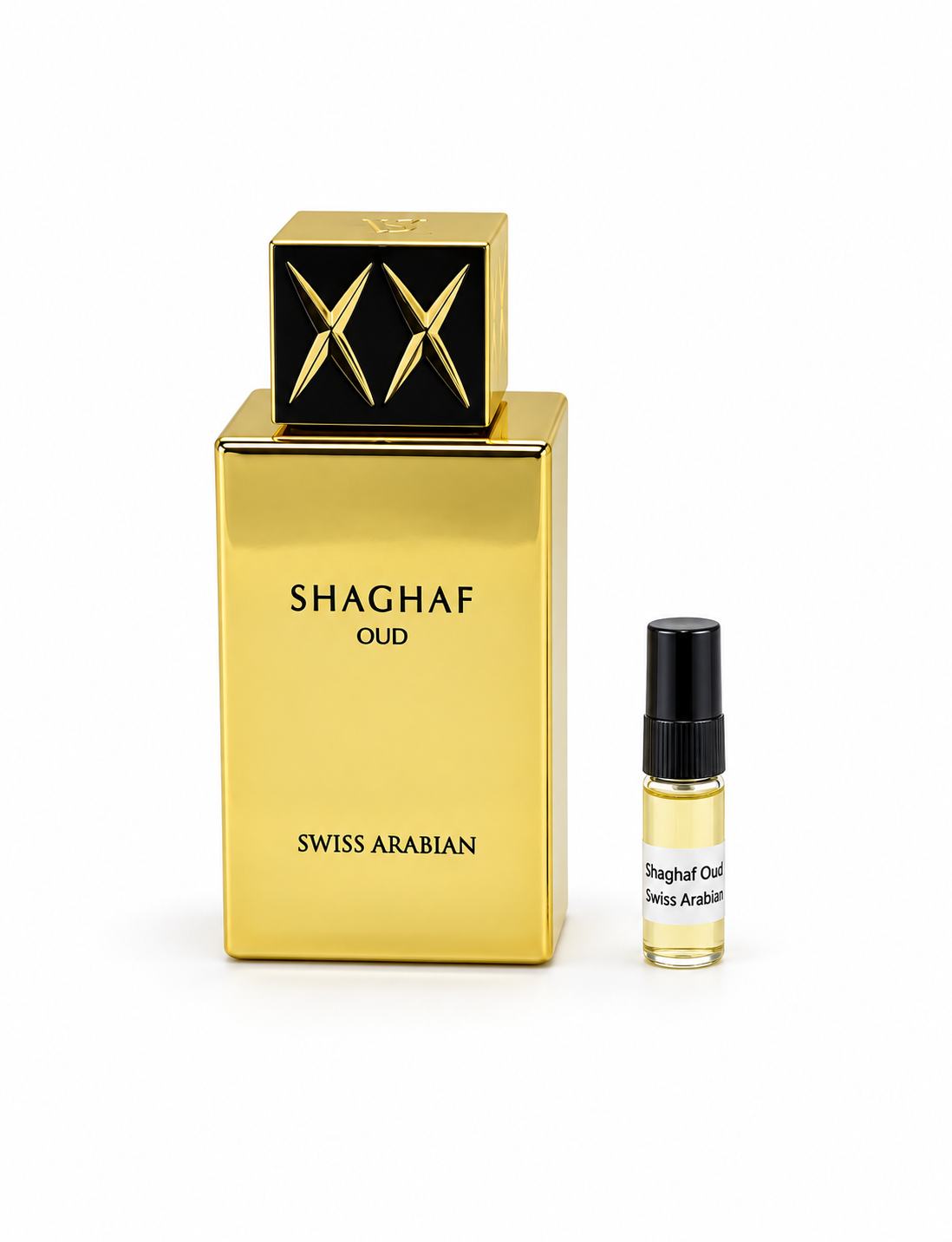 Swiss Arabian Shaghaf oud fragrance bottle and black-capped sample vial on white