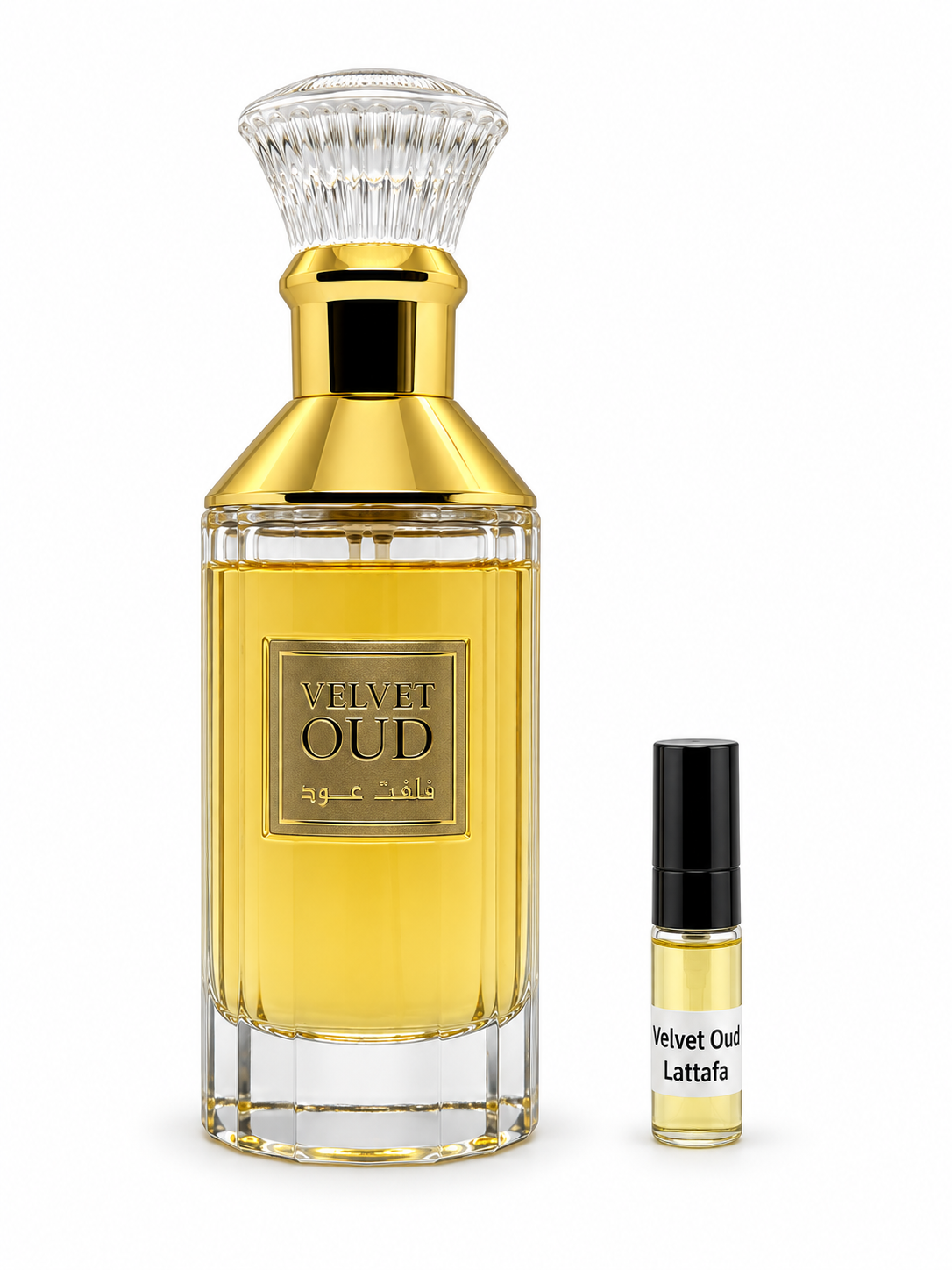 Lattafa Velvet Oud fragrance bottle and black-capped sample vial on white