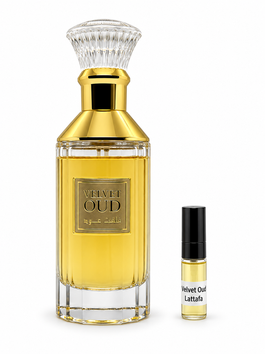 Lattafa Velvet Oud fragrance bottle and black-capped sample vial on white