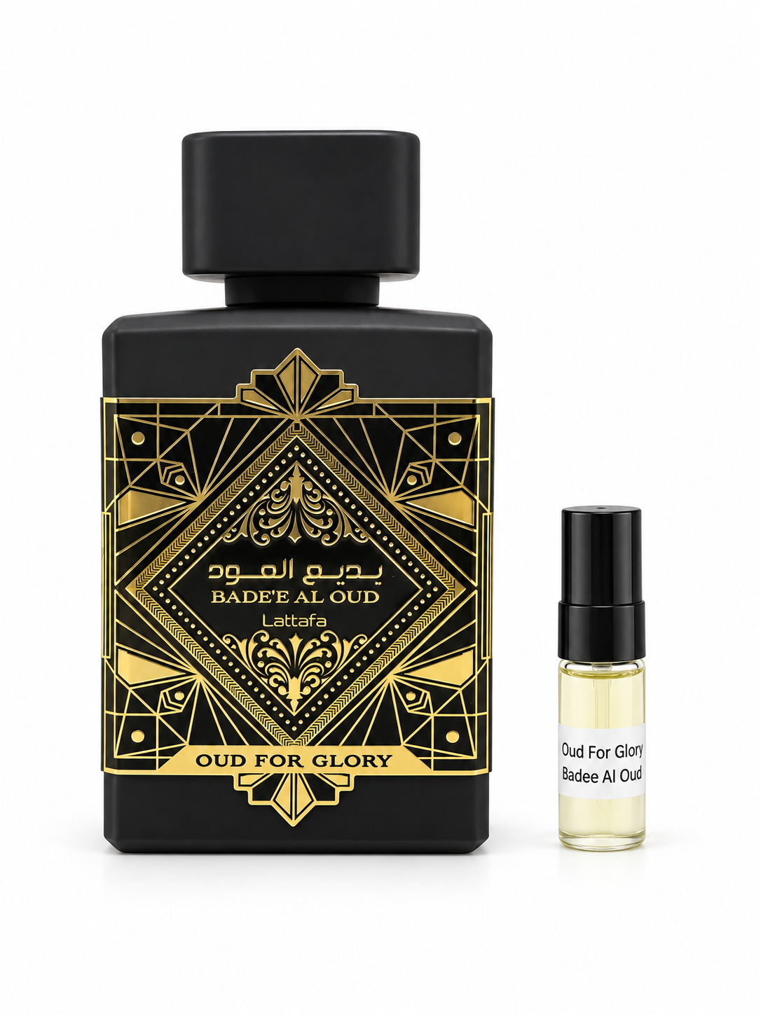 Lattafa Bade'e Al Oud Oud for Glory fragrance bottle and black-capped sample vial on white