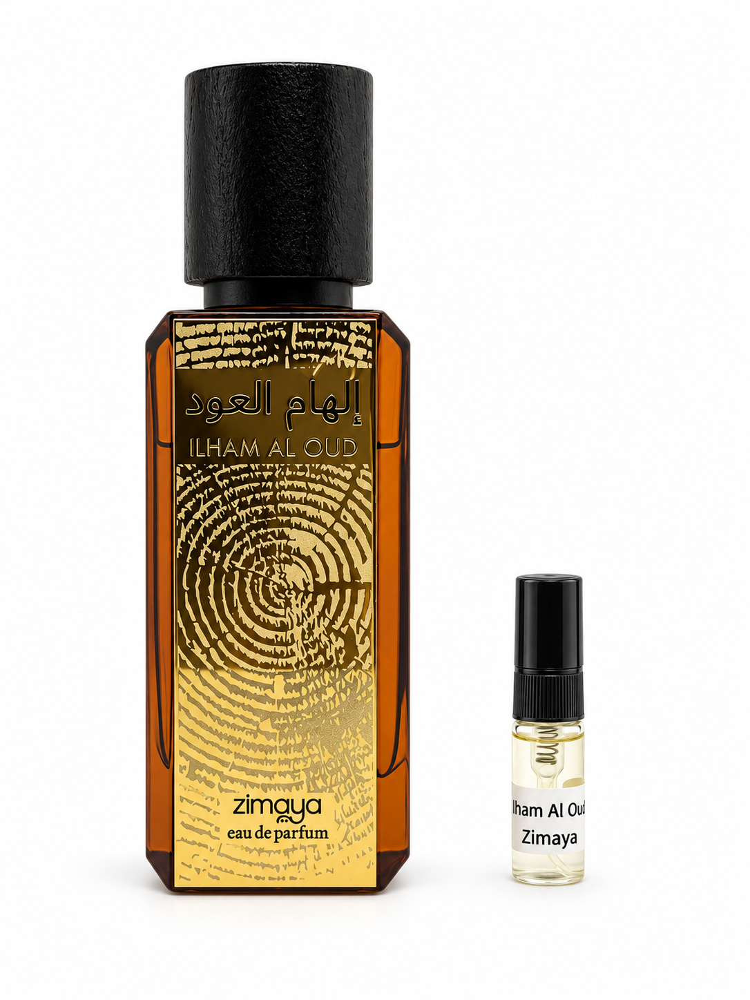 Zimaya Ilham Al Oud fragrance bottle and black-capped sample vial on white