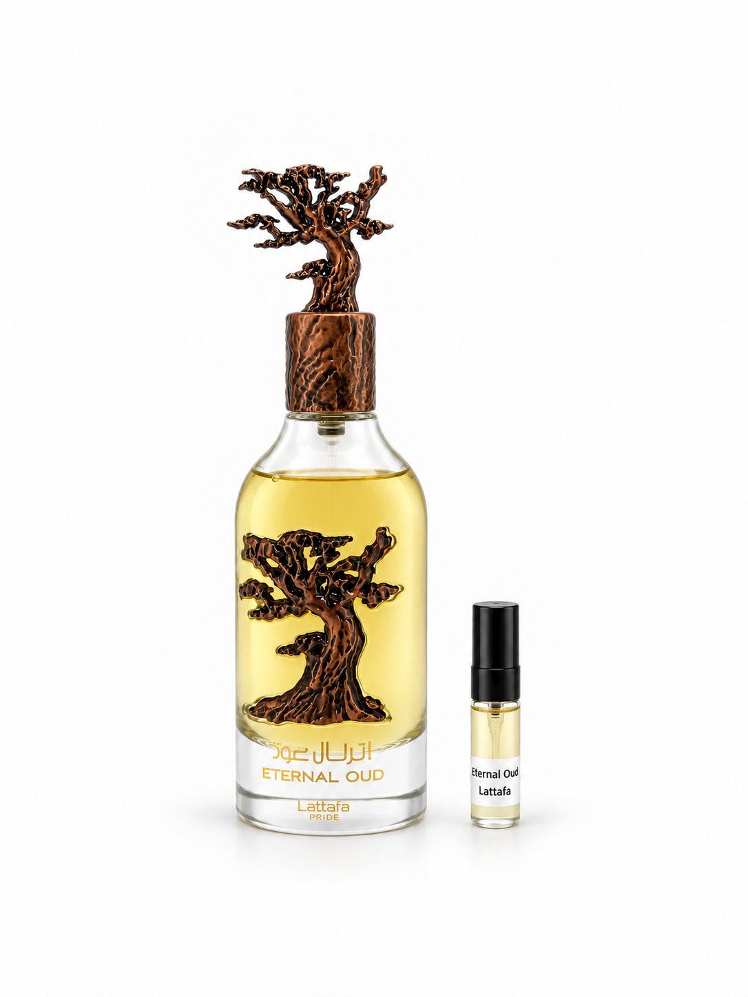 Lattafa Eternal Oud fragrance bottle and black-capped sample vial on white