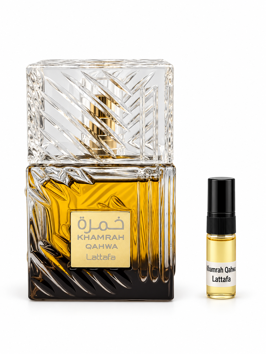 Lattafa Khamrah Qahwa fragrance bottle and black-capped sample vial on white