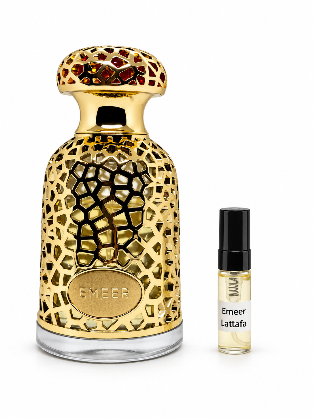 Lattafa Emeer fragrance bottle and black-capped sample vial on white