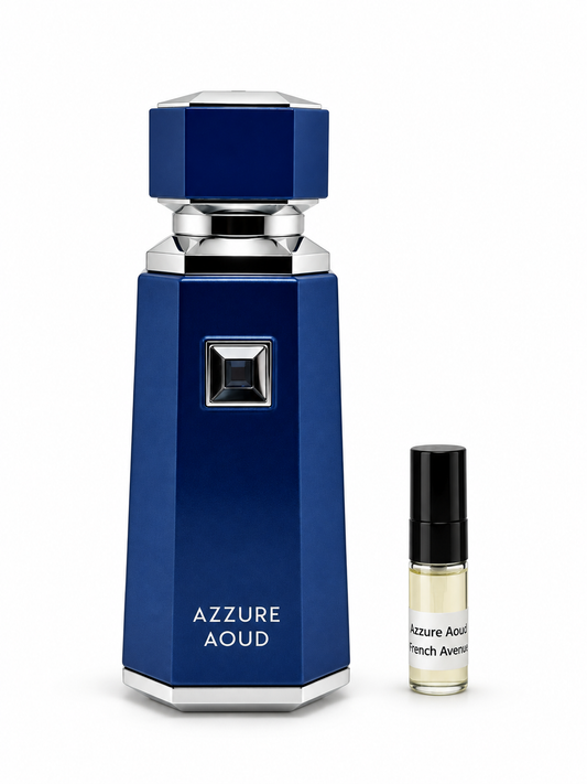 French Avenue Azzure Aoud fragrance bottle and black-capped sample vial on white