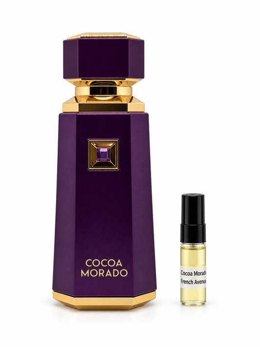French Avenue Cocoa Morado fragrance bottle and black-capped sample vial on white