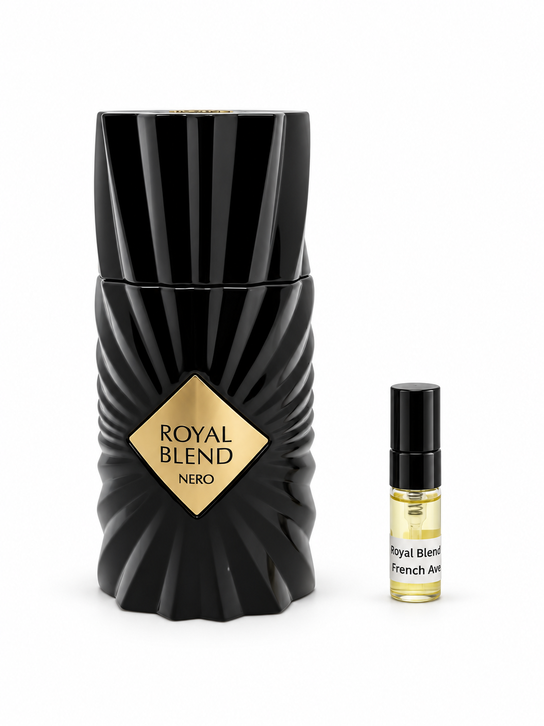 French Avenue Royal Blend Nero fragrance bottle and black-capped sample vial on white