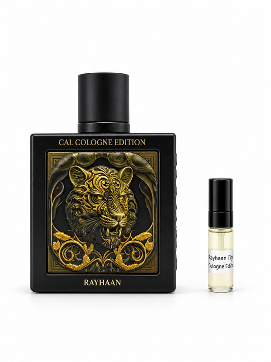 Rayhaan Tiger Cal Cologne Edition fragrance bottle and black-capped sample vial on white