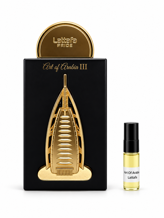 Lattafa Pride Art Of Arabia 3 fragrance bottle and black-capped sample vial on white