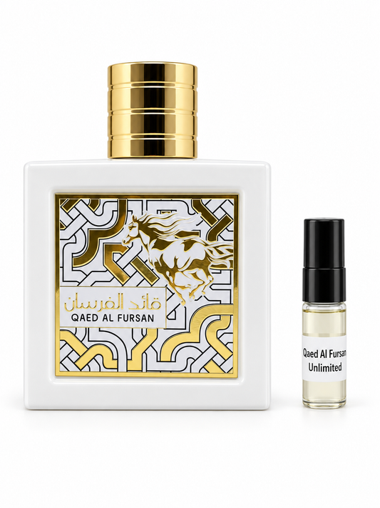 Lattafa Qaed Al Fursan Unlimited fragrance bottle and black-capped sample vial on white