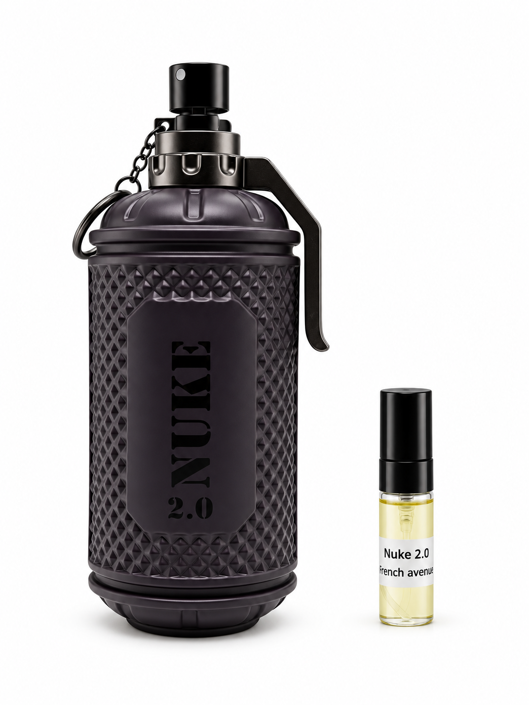 Fragrance World Nuke 2.0 fragrance bottle and black-capped sample vial on white