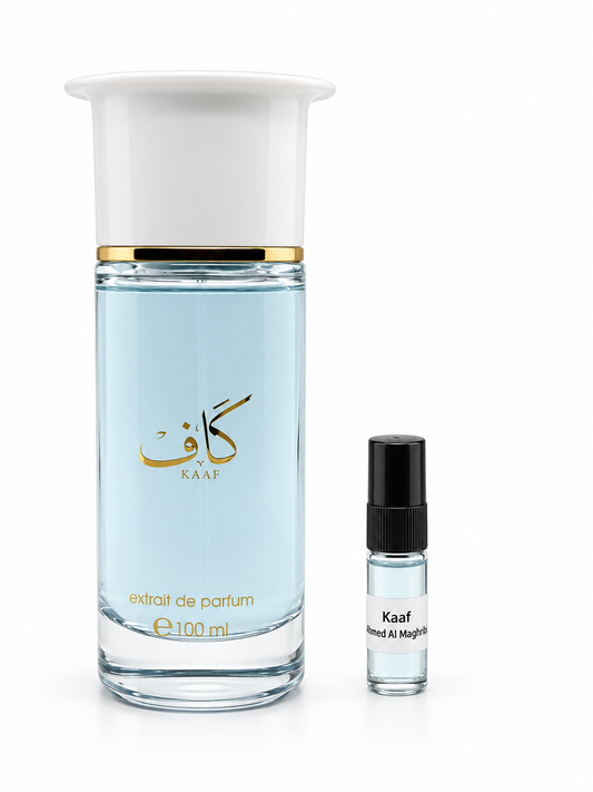 Ahmed Al Maghribi Kaaf fragrance bottle and black-capped sample vial on white