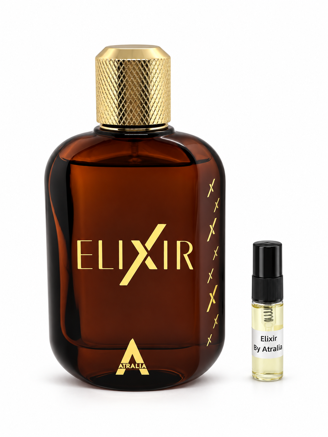 Atralia Elixir fragrance bottle and black-capped sample vial on white