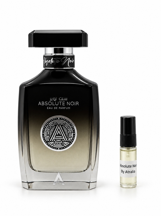 Atralia Absolute Noir fragrance bottle and black-capped sample vial on white