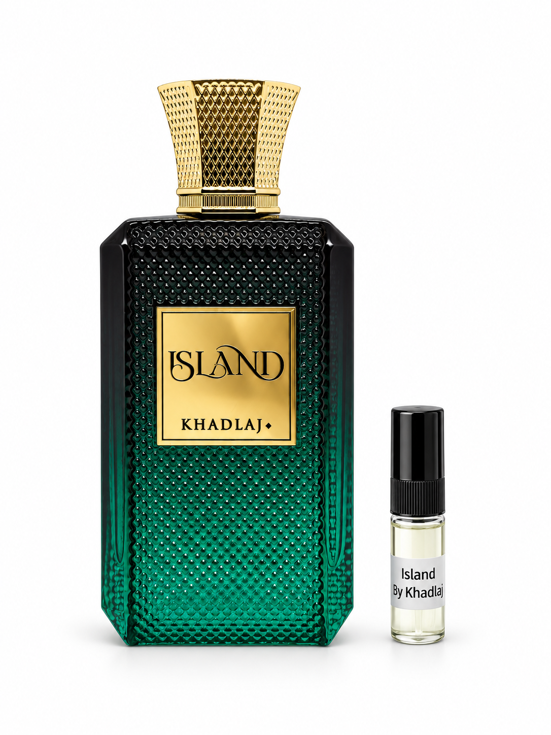 Khadlaj Island fragrance bottle and black-capped sample vial on white