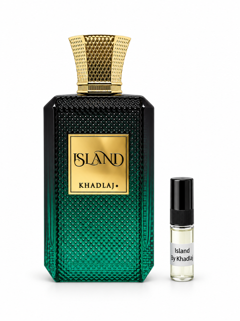Khadlaj Island fragrance bottle and black-capped sample vial on white