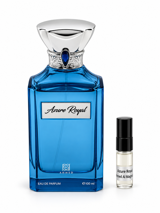 Ahmed Al Maghribi Azure Royal fragrance bottle and black-capped sample vial on white