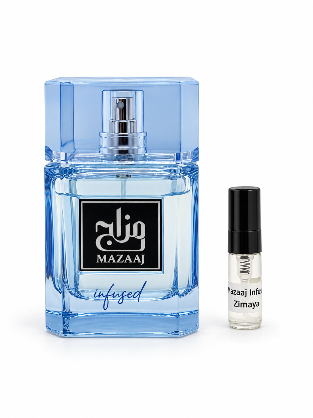 Zimaya Mazaaj Infused fragrance bottle and black-capped sample vial on white