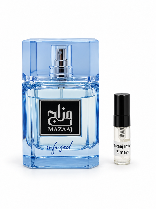 Zimaya Mazaaj Infused fragrance bottle and black-capped sample vial on white